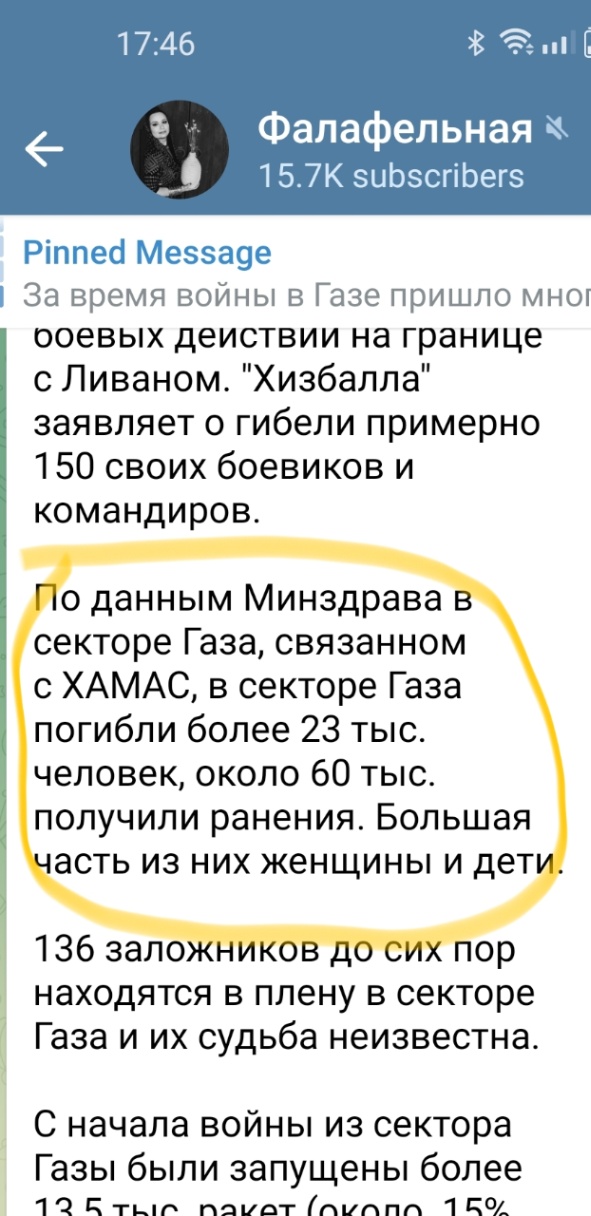 17:46 * Фалафельная * 15.7K subscribers Pinned Message За время войны в Газе пришло мно боевых деиствии на границе с Ливаном. "Хизбалла" заявляет о гибели примерно 150 своих боевиков и командиров. По данным Минздрава в секторе Газа, связанном с ХАМАС, в секторе Газа погибли более 23 тыс. человек, около 60 тыс. получили ранения. Большая часть из них женщины и дети. 136 заложников до сих пор находятся в плену в секторе Газа и их судьба неизвестна. С начала войны из сектора Газы были запущены более
